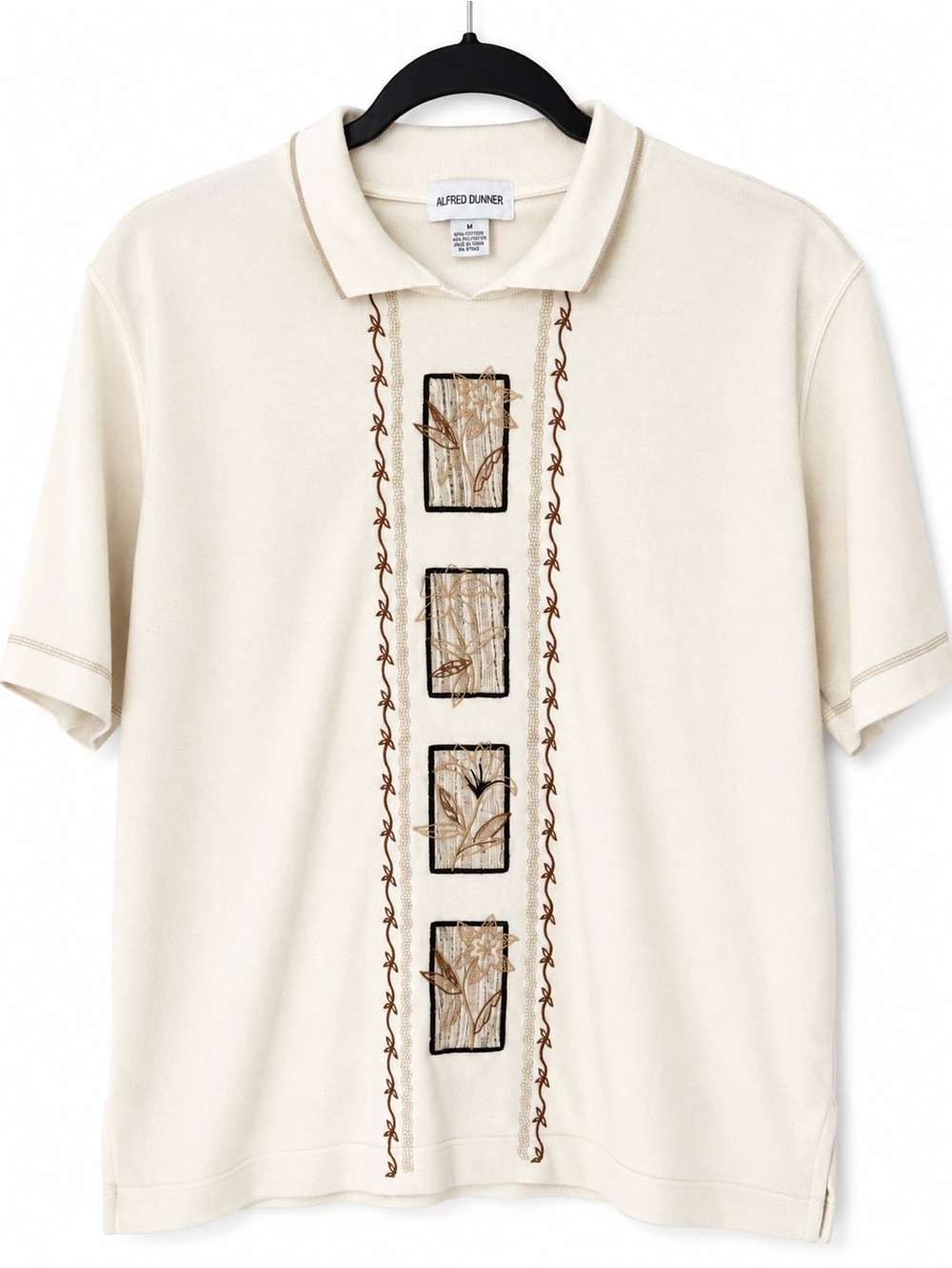 Alfred Dunner Embroidered Floral Collared Knit Top Cream Ivory Short Sleeve M